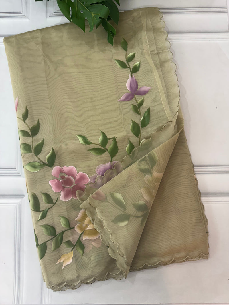 Handpainted soft organza saree SSKW18- Oyster