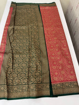Banarasi semi katan saree with contrast border MKS455 Red to BottleGreen