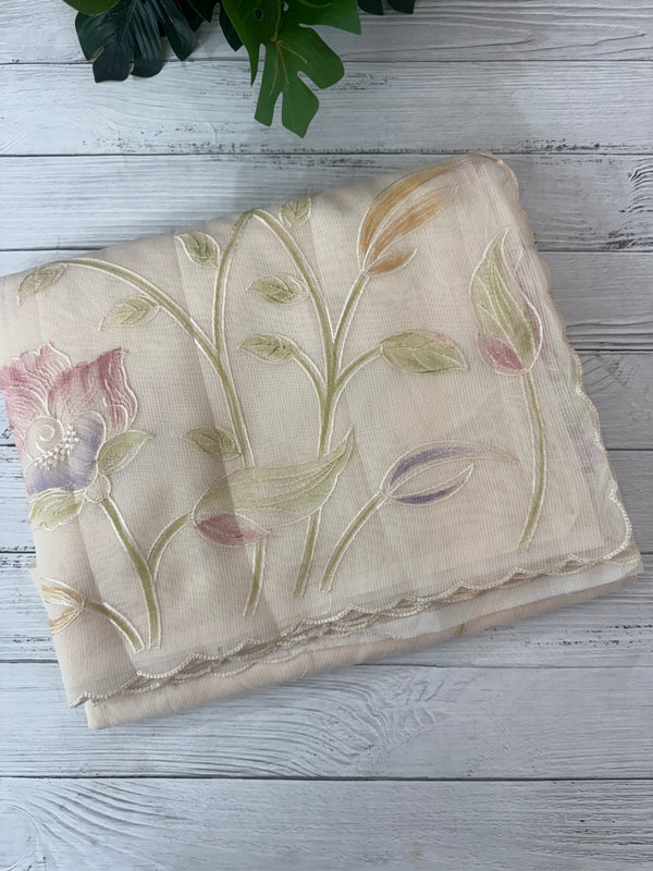 Supernet saree with embroidery and handpaintingwork MSH104- PastelBeige