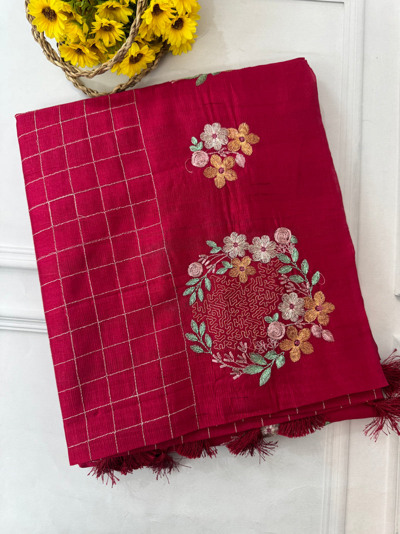 Crushed Blended tussar silk saree with embroidery- SNFCYEY DARKPINK