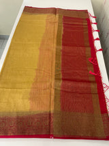 Jute silk sarees with contrast pallu & blouse MJL396 - Chiku to Red
