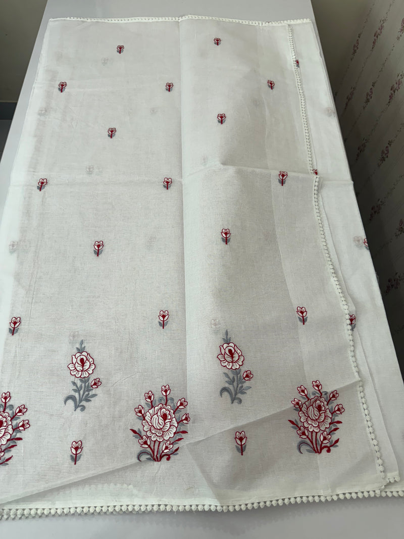 Cotton embriodery saree MS14534- White & Red