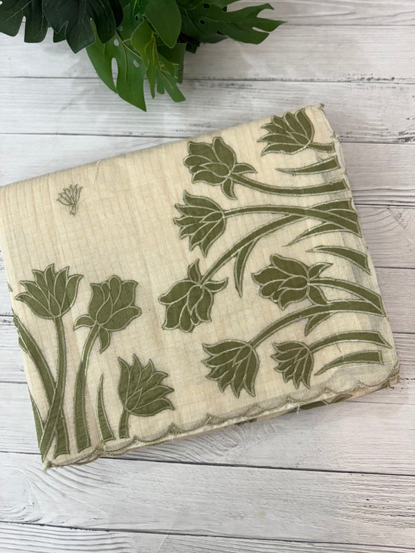 Jute Linen Applique work saree  -MSH128 Offwhite to Green