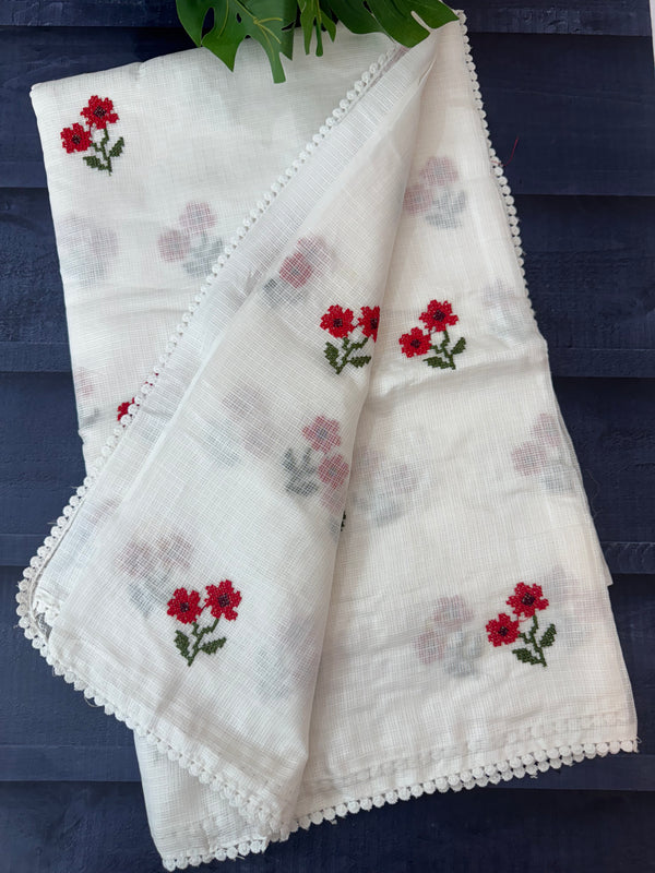 Kota checks embroidery saree White & Red