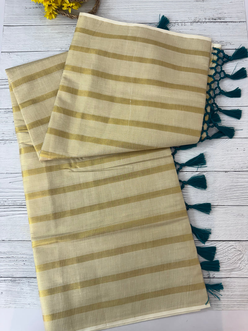 Kerala tissue saree - Stripes with Teal Tassels
