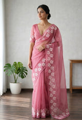 Soft organza saree with sequins cutwork borders- MCW541 - Pink