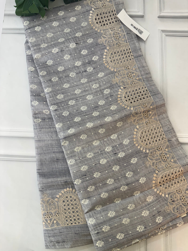 Cutwork blended tussar saree SNFNICY Pastel BluishGrey