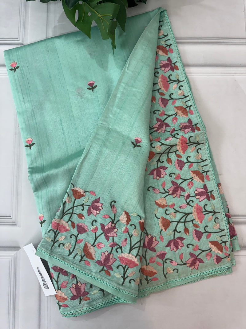 Blended tussar saree with floral embroidery- BISTNTCY