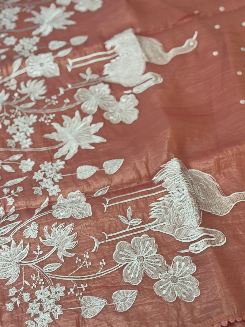 Crush Organza Applique work saree MS14997- Peach