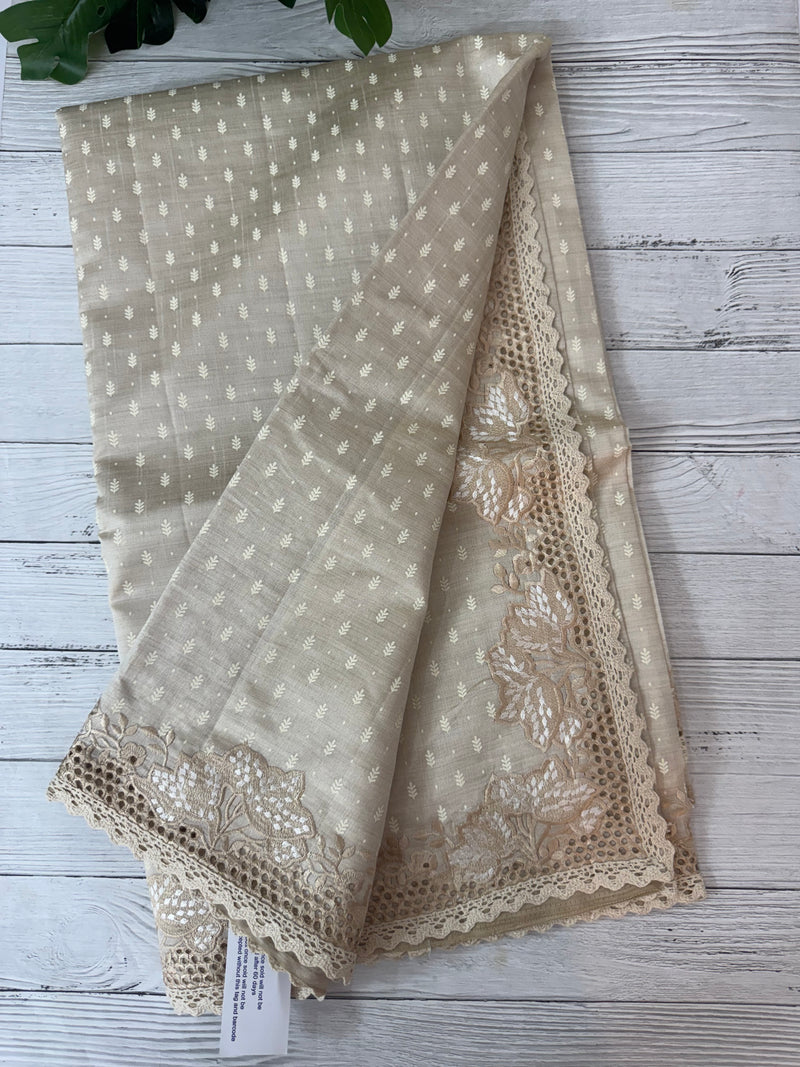 Cutwork blended tussar saree   - Cream MS5222