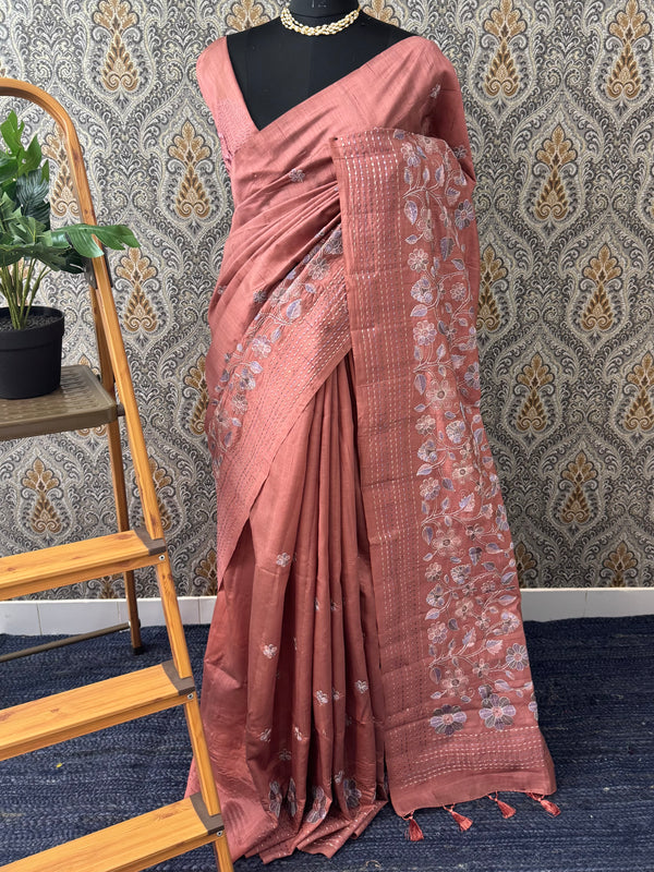 Crushed Blended tussar silk saree with embroidery- SNFCYEY Dusky Peach