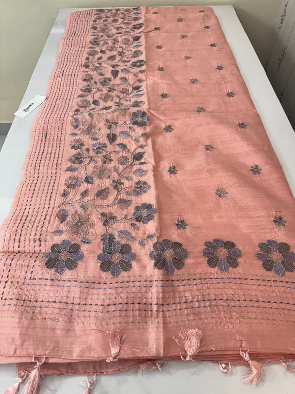 Crushed Blended tussar silk saree with embroidery- SNFCYEY Pastel PeachPink