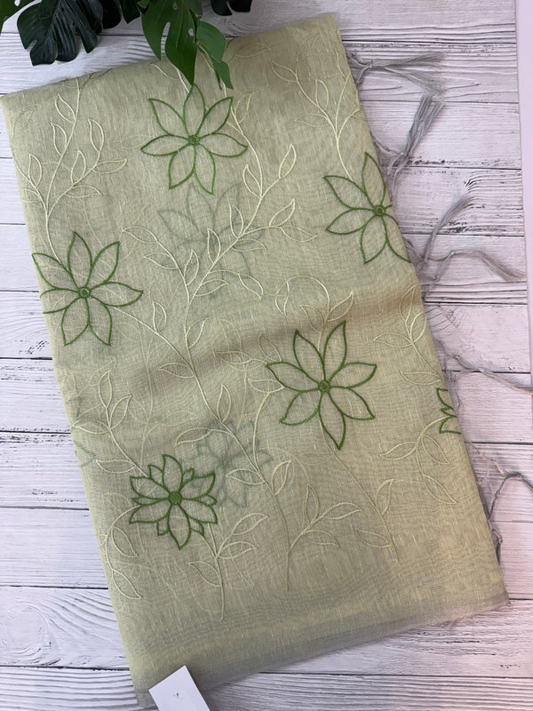 Tissue Linen Saree with embroidery MRS786- PastelGreen