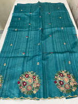 Blended art tussar silk saree with embroidery- MS1090 BlueGreen