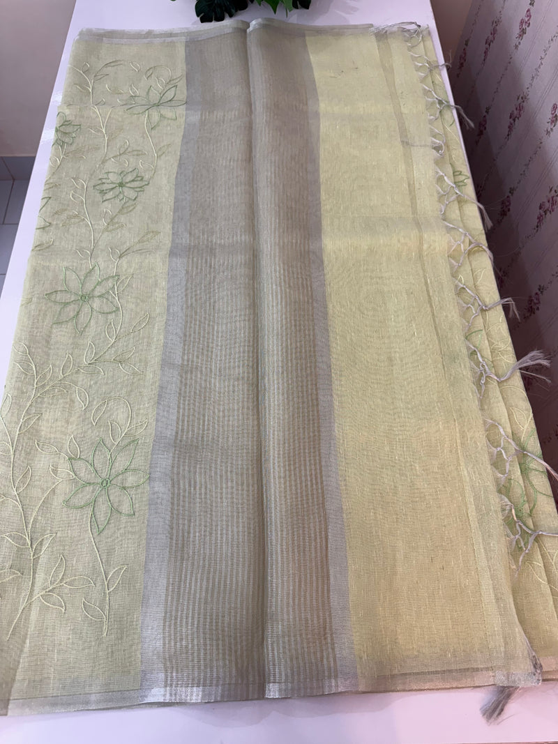 Tissue Linen Saree with embroidery MRS786- Pastel PistaGreen