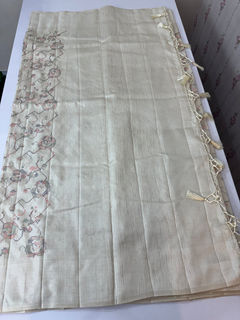 Blended tussar saree with embriodery - MS8665 Cream