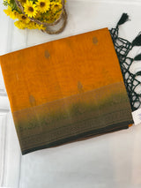 Jute tussar silk sarees with contrast pallu & brocade blouse MS1688 - Mustard to Green