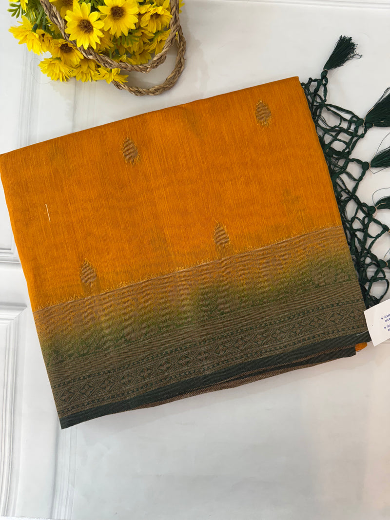 Jute tussar silk sarees with contrast pallu & brocade blouse MS1688 - Mustard to Green