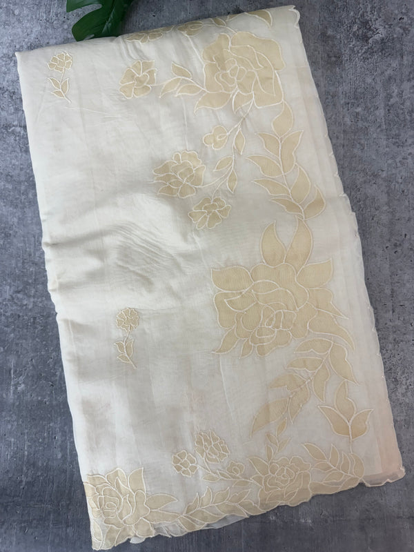 Mul chanderi applique work saree  MSH136 - Cream