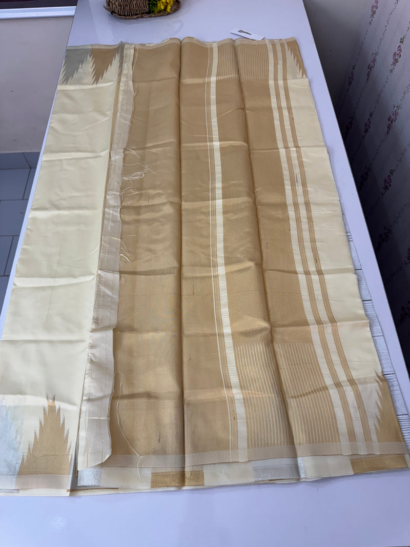 Semi silk saree with temple borders - Cream