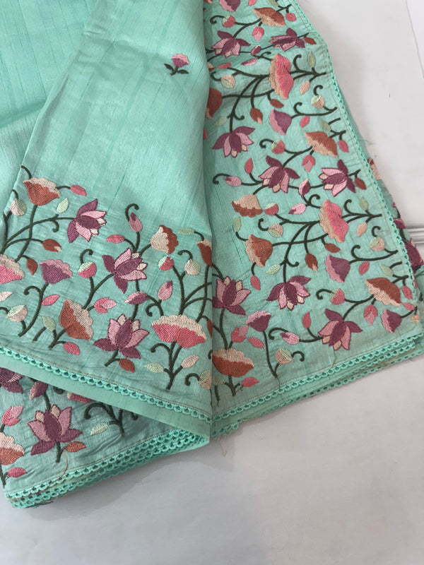 Blended tussar saree with floral embroidery- BISTNTCY