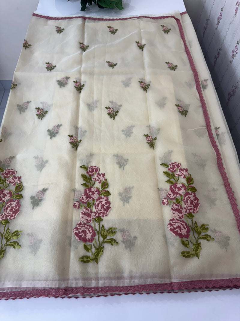Viscose organza saree with cross stitch embroidery MS5089- DuskyOnion