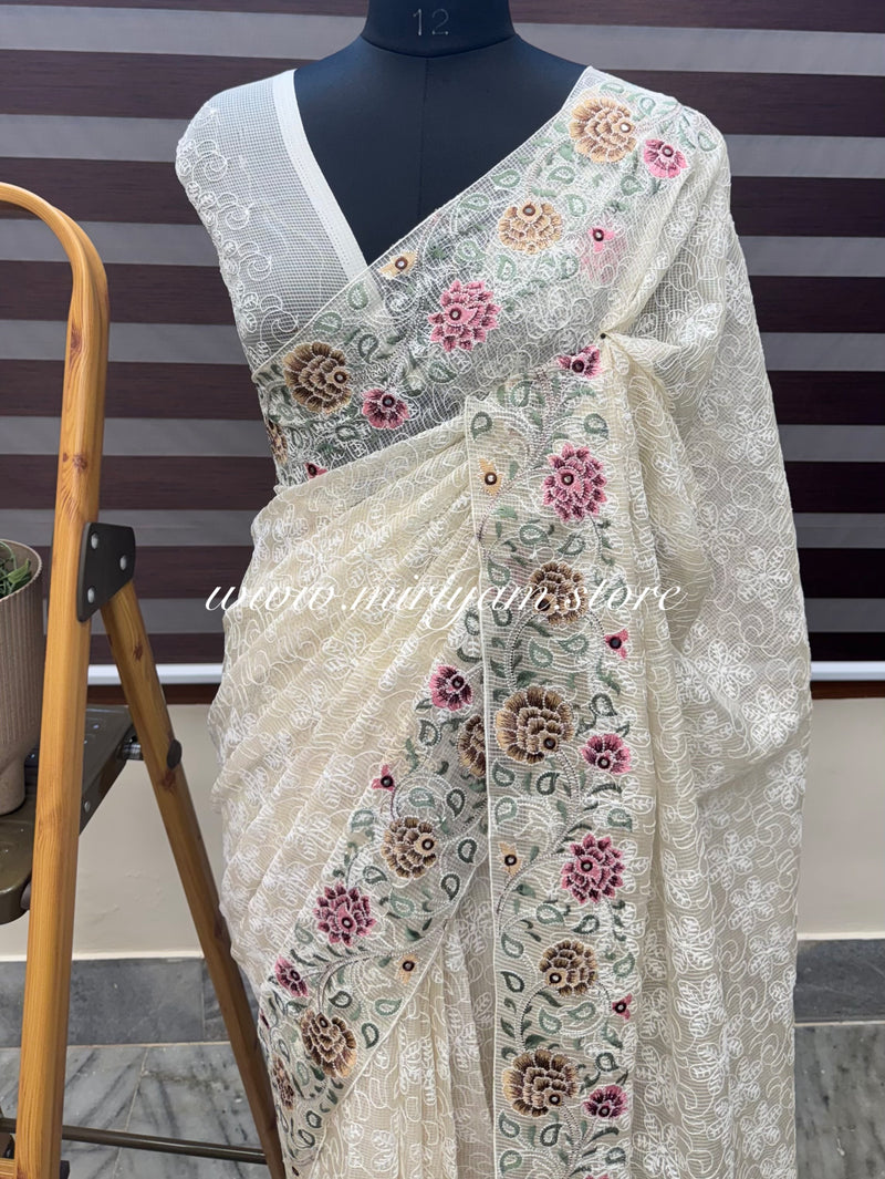 Phulkari NetKota Embroidery saree - OffWhite