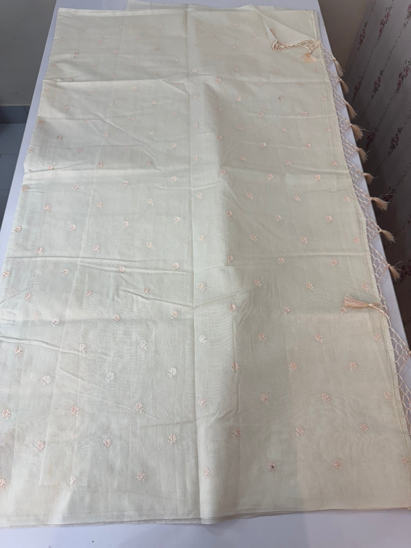 Mul chanderi saree with embriodery MSH114 - Pastel Peach flowers
