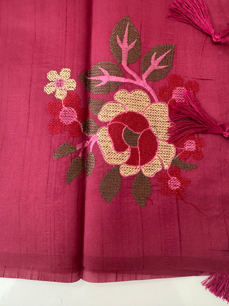 Blended matka tussar silk saree with embroidery - MS90654 Cranberry