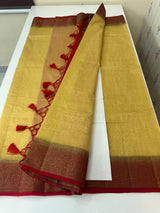 Jute silk sarees with contrast pallu & blouse MJL396 -DarkBeige to Red