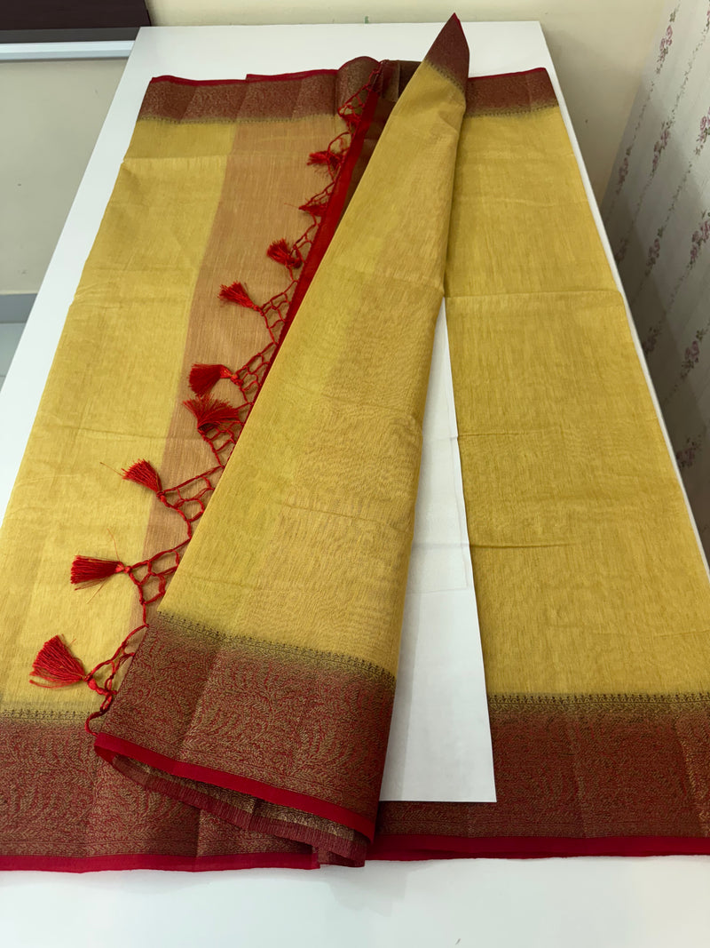 Jute silk sarees with contrast pallu & blouse MJL396 -DarkBeige to Red