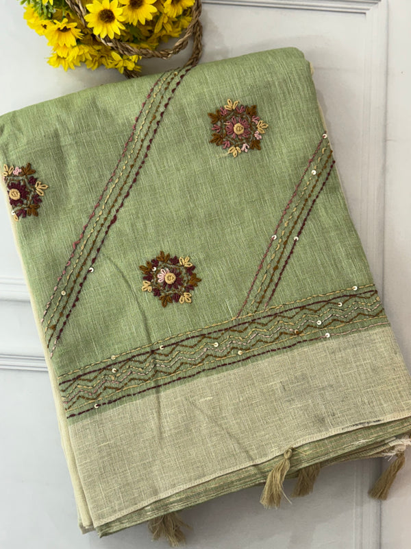 Linen saree with French knots and kanta embriodery MS94311