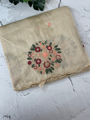 Blended art tussar silk saree with embroidery- MS1090 Cream