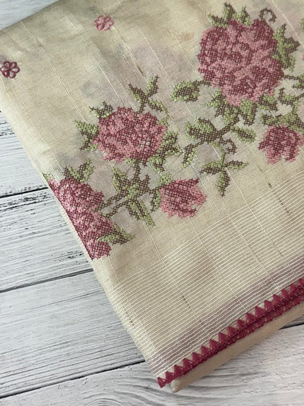 Blended tussar silk saree with cross stitch embroidery MS40490
