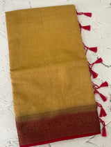 Jute silk sarees with contrast pallu & blouse MJL396 - Chiku to Red