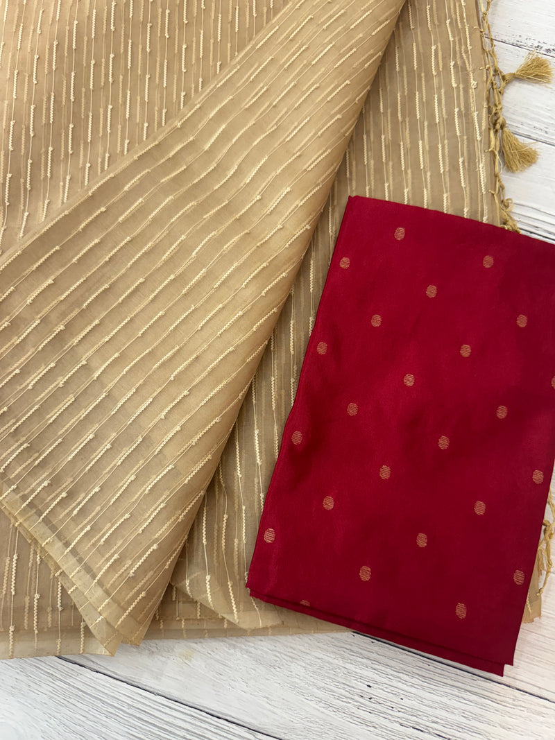Semi organza thread work saree with soft silk blouse MOS9543 - Beige to MaroonRed
