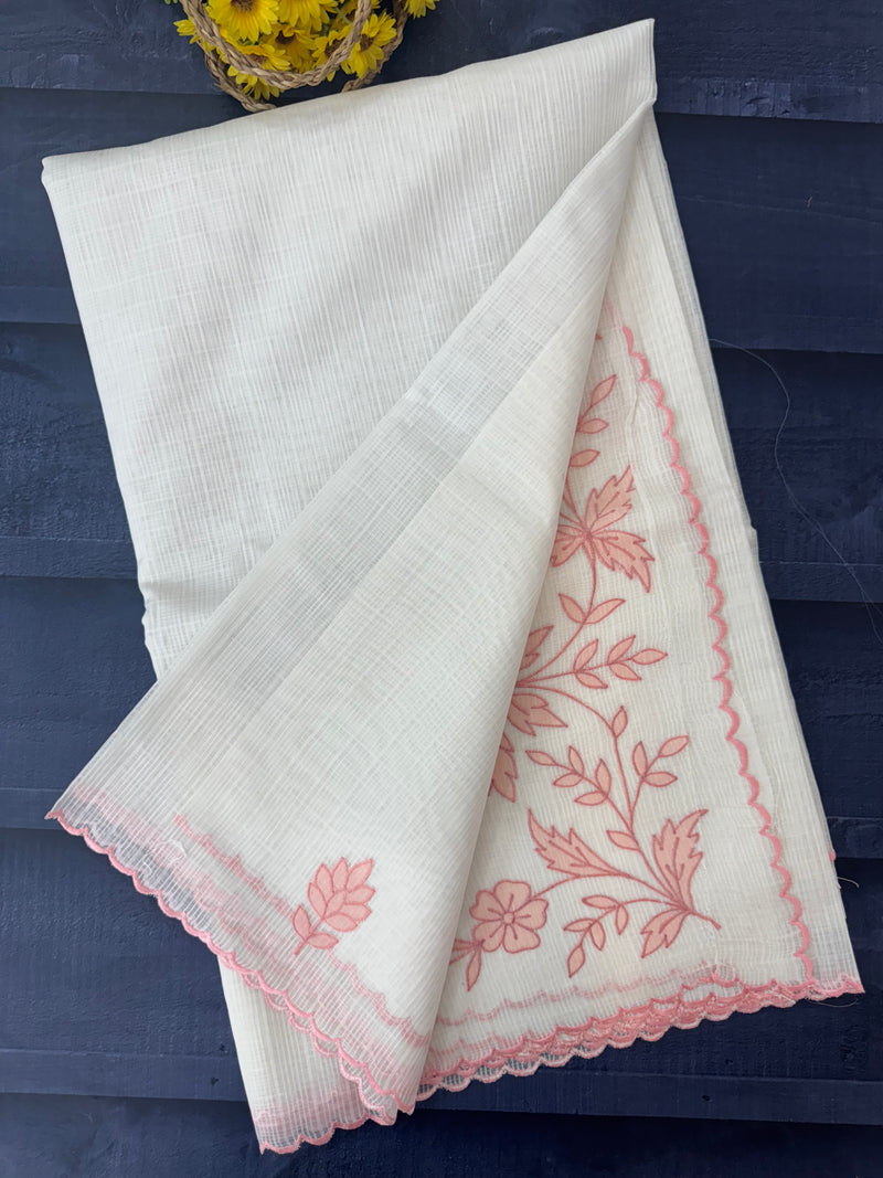 Kota silk saree with applique work SJCV82- Offwhite & Peach