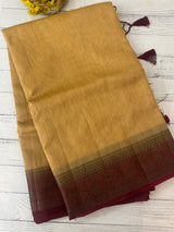 Jute silk sarees with contrast pallu & blouse MJL396 - DarkBeige to MaroonRed