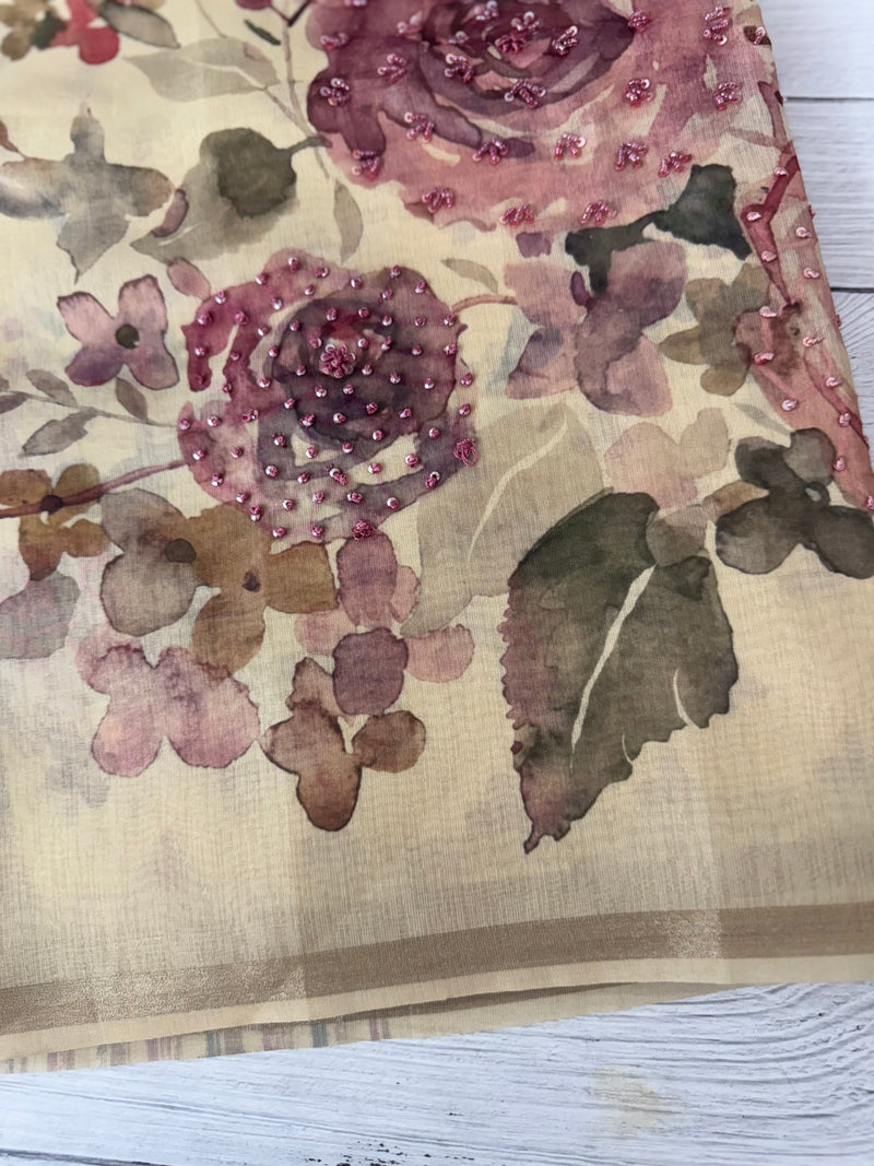 Linen- chanderi saree with french knots, sequence and bead work - MS19965