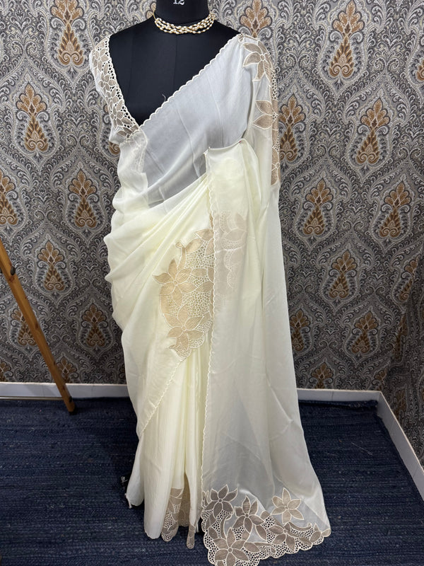 Georgette - Organza saree with applique work MS5089- Cream