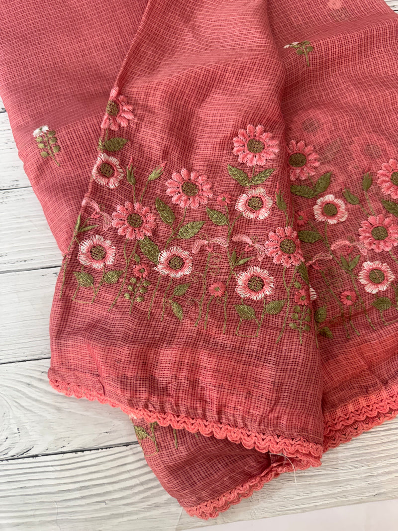 Soft kota checks saree with embroidery - SVPSNM Peach