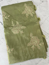 Soft Crush Organza Applique work saree with tissue applique work MS14978 Green