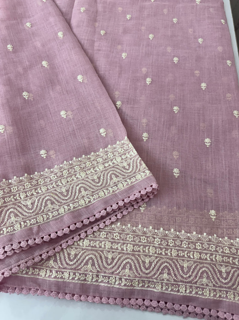 Semi linen saree with chikanakari embroidery- MS15086 PastelPink