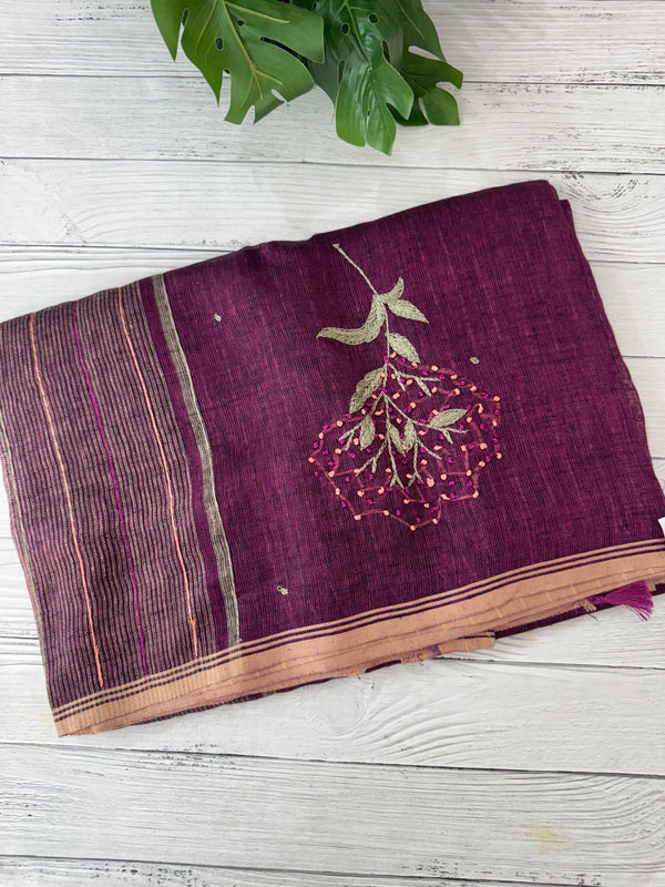 Pure linen handwork sarees MLS7854
