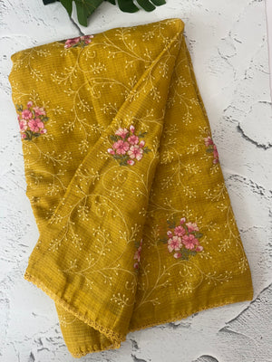 Soft kota checks saree with embroidery - MS7676 MustardYellow