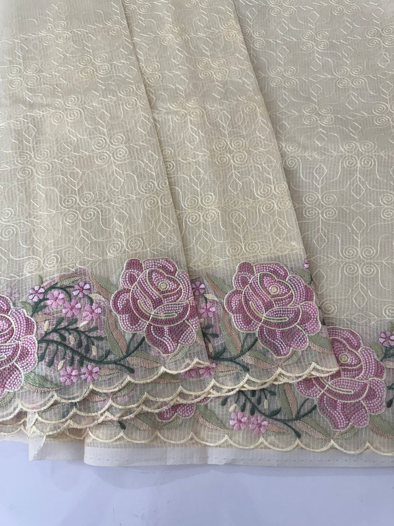 Phulkari NetKota embroidery saree - MSH107 Offwhite to PinkLavender