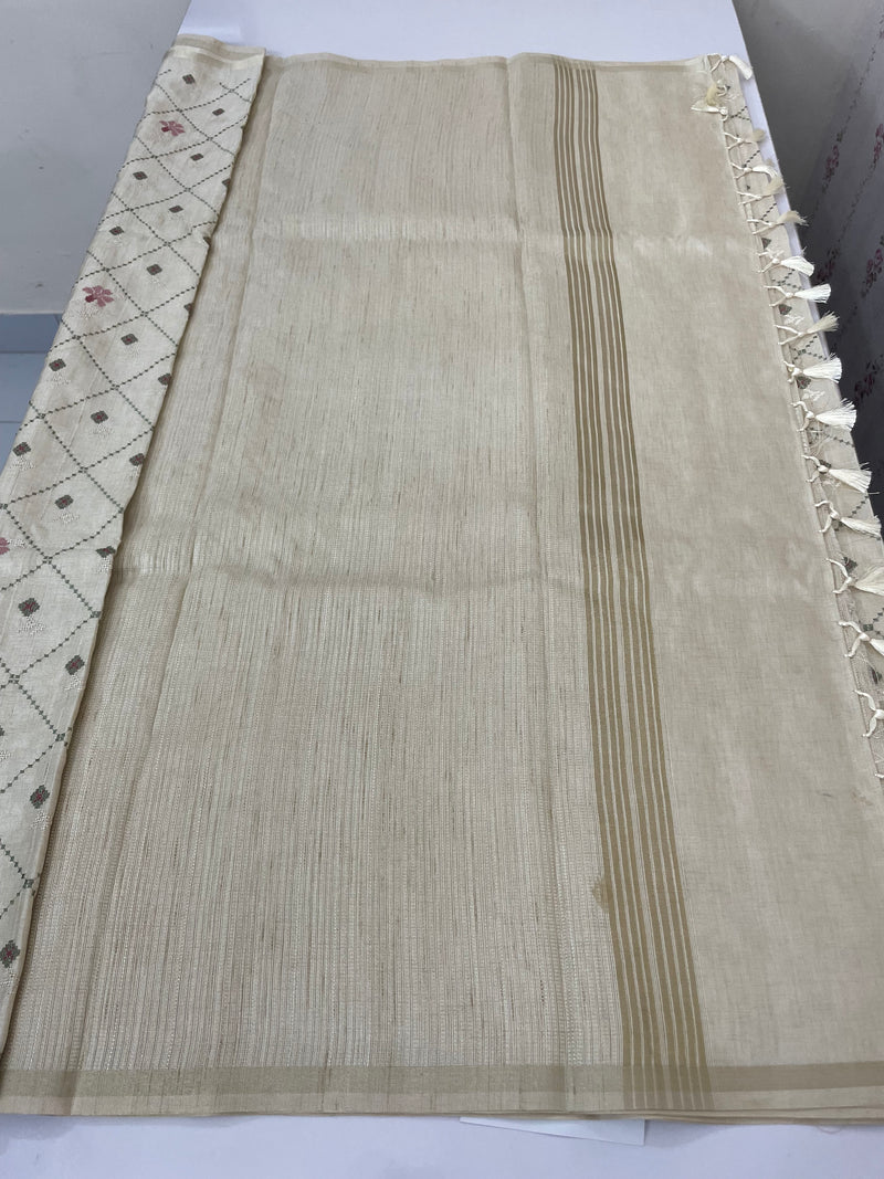 Soft Blended tussar saree with embriodery - MS8688 Cream