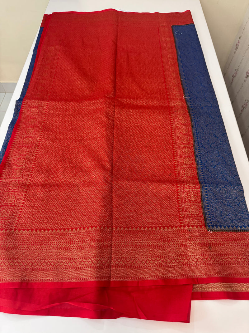 Banarasi semi katan saree with contrast border MS6665 - OceanBlue to Red