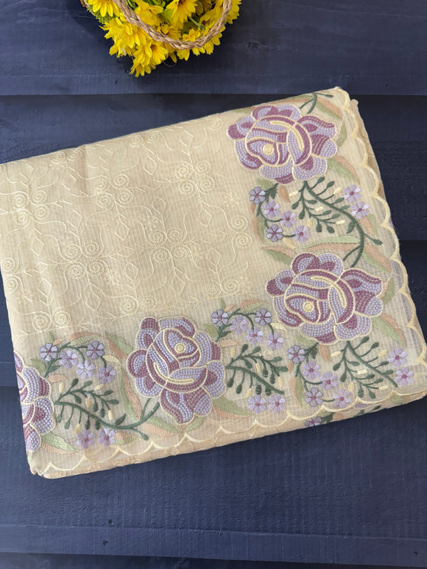 Phulkari NetKota embroidery saree - MSH107 Offwhite to Lavender
