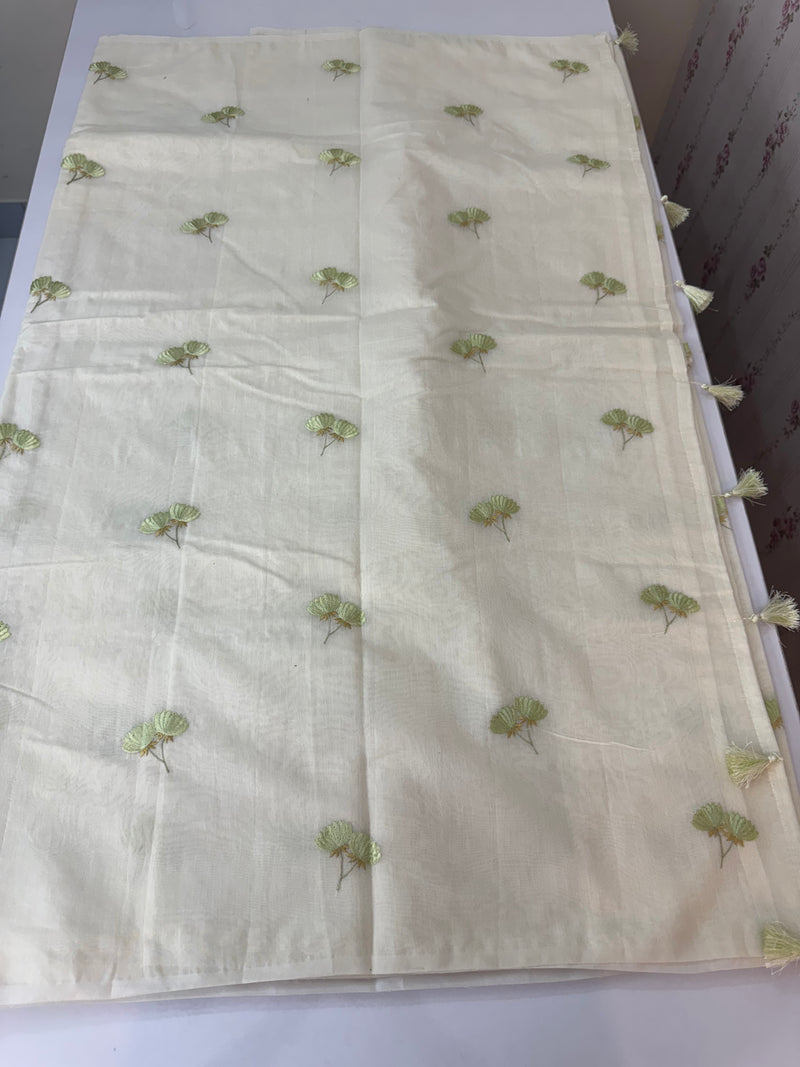 Mul chanderi saree with embriodery MSH114- Green flowers